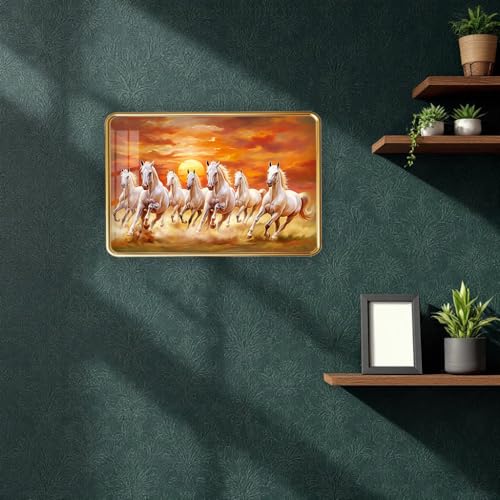 Image of 7 Running Horses Photo Frame, Ultra High Gloss Lamination, Vastu Painting for Living Room, Office, 12x18 Inch (Design 9)