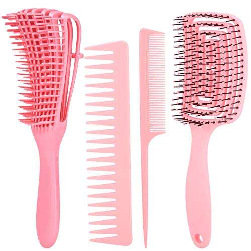 Tecbeauty 4 Pcs Detangling Brush for Curly Hair Tail Comb Wide Comb Set Hair Textured 3a to 4c Knots Detangler Brush for Women, Pink