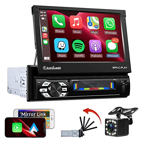 カーオーディオ 1DIN Bluetooth アップル CarPlay アンドロイド オート Bluetooth 電動 7" HD フリップアウト タッチスクリーン FM カーラジオ AUX-USB TF カード入力 MirrorLink SWC + バックカメラ付きシングル DIN カーステレオ カーオーディオ 1DIN Bluetooth アップル CarPlay アンドロイド オート Bluetooth 電動 7" HD フリップアウト タッチスクリーン FM カーラジオ AUX-USB TF カード入力 MirrorLink SWC + バックカメラ付きシングル DIN カーステレオ