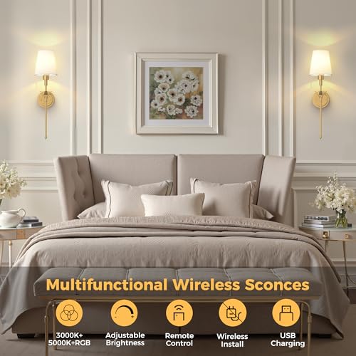 Image of DORESshop Battery Operated Wall Sconce Set of 2, Wireless Wall Light Easy to Install, 7 Color Rechargeable Wall Sconces, Sconce Wall Decor Set of 2 for Bedroom, Living Room, Brass, 24.6in
