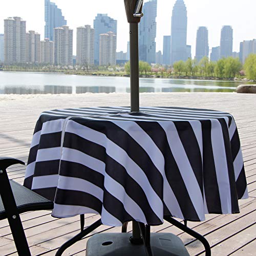 youngseahome Stripe Outdoor Tablecloth Water Resistant Polyester Fabric Table Cover with Zipper Umbrella Hole for Garden Patio Tabletop 60Inch Round,Black by youngseahome - Image 2