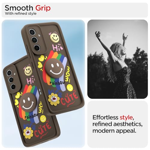 Image of Pikkme Back Cover for Samsung Galaxy A35 5G | Soft Silicone| Cute Rainbow Smile & 3D Cartoon Flower Design | Shockproof Raised Camera Protection Bumper Case (Brown)