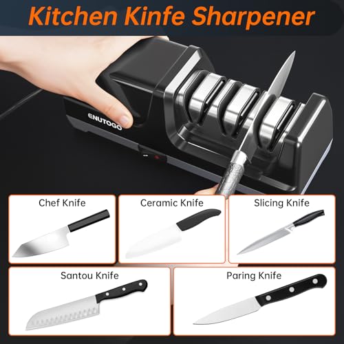 Image of Enutogo Knife Sharpener, Professional 3-Stage Electric Knife Sharpener for Kitchen Knives, 100% Diamond Abrasive for 20 Precision Angle Guide, Quickly Sharpening and Polish Blades