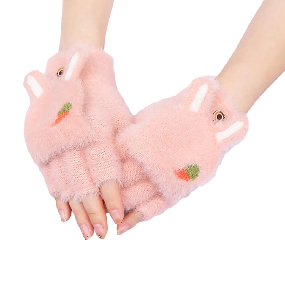 Women Woolen Gloves Half Finger Acrylic Angora Wool Knitted Plush Winter Mitten Gloves for Girls and Boys Casual Warm Fingerless Hand Gloves
