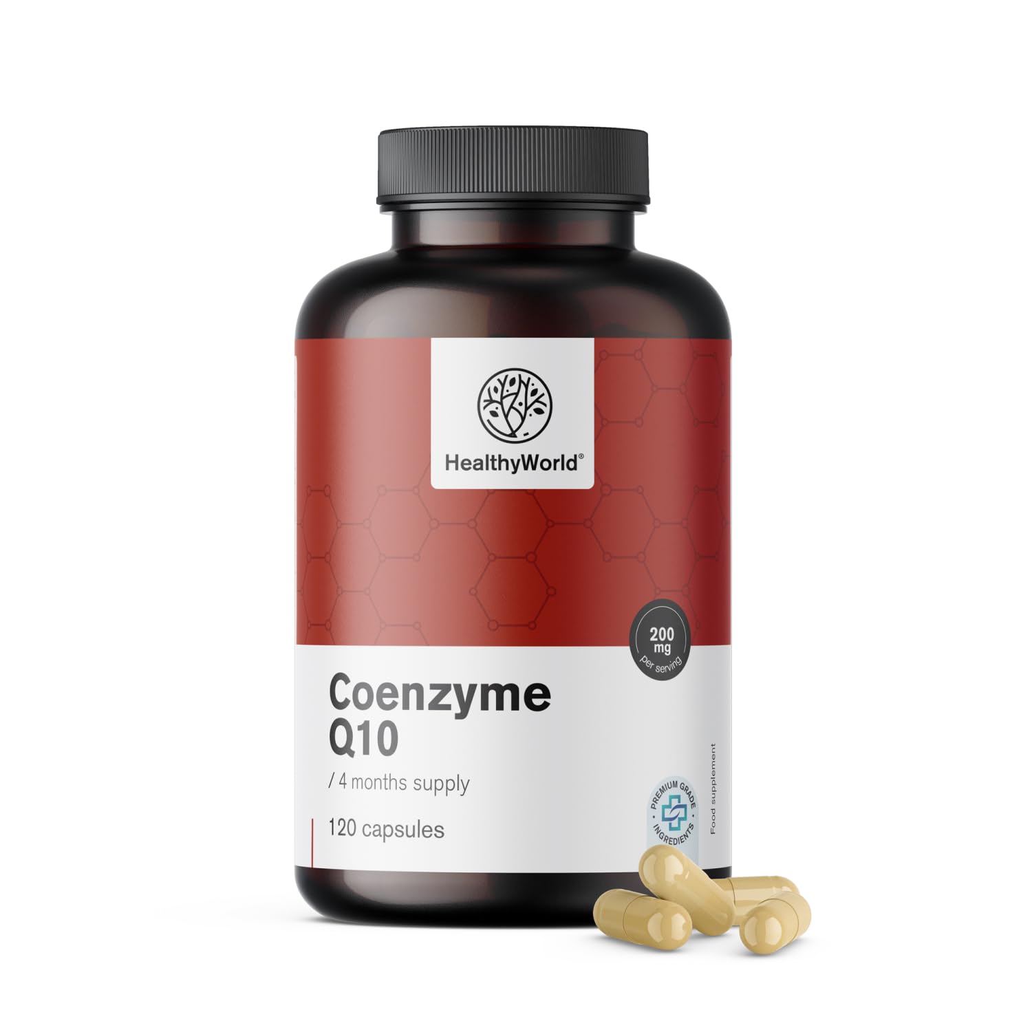 HealthyWorld® Coenzima Q10 200 mg - Alto contenuto, Foritura ottimale - 120 Capsule Vegetali - scorta per 4 mesi – 200 mg di Coenzima Q10 per capsula - Aumento di Energia, Azione Anti-age