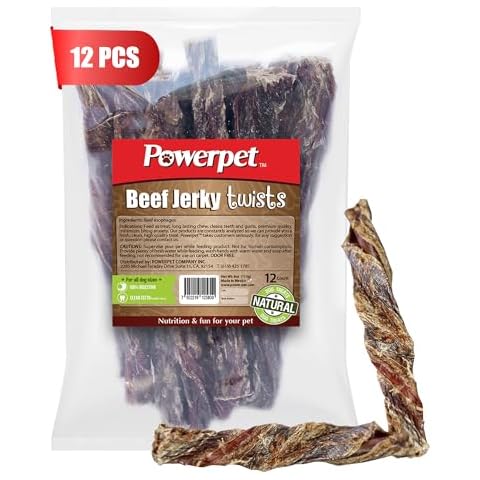 Powerpet Treats Beef Jerky Twists - 100% Natural Dog Chews - High Protein, Low Fat - Made from Premium Beef Esophagus - Promotes Dental Health - Long-Lasting Treats - Great for All Breeds - Pack of 12 Cover