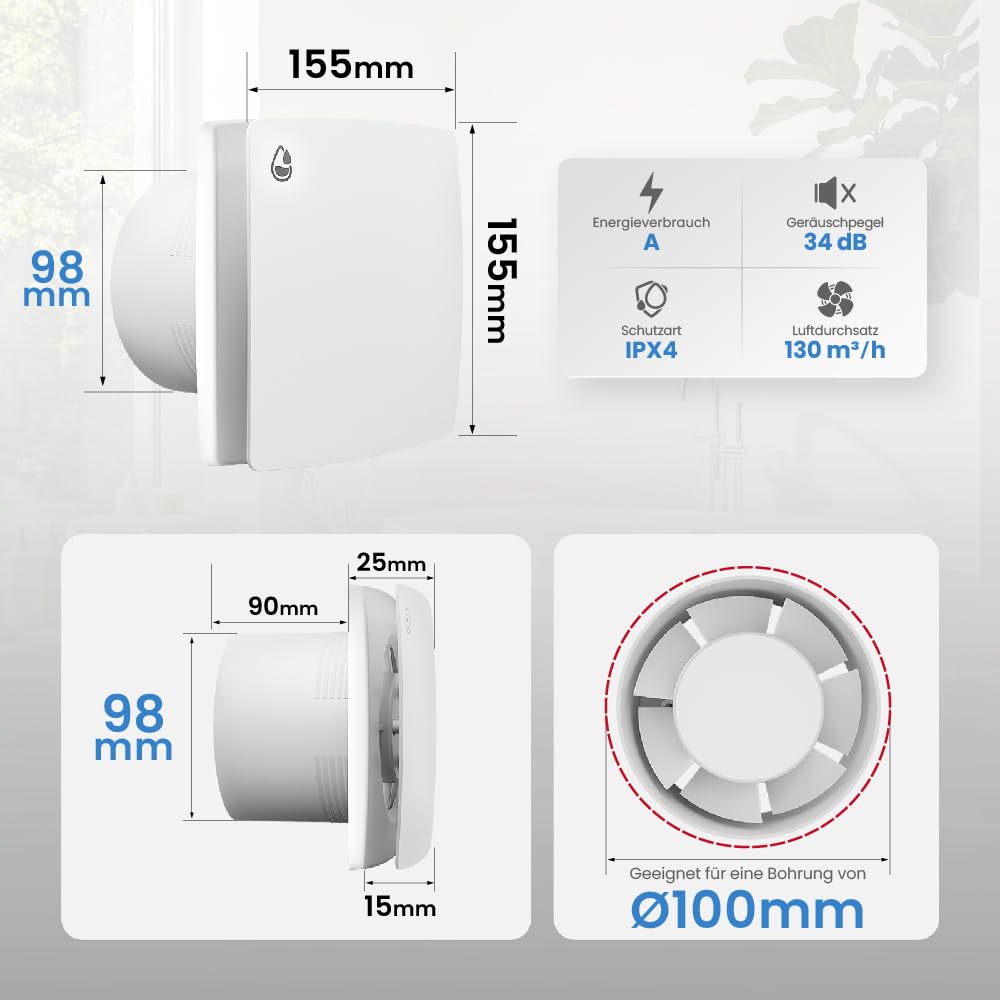 100mm Leiser Badlüfter mit Feuchtigkeitssensor – Weiß