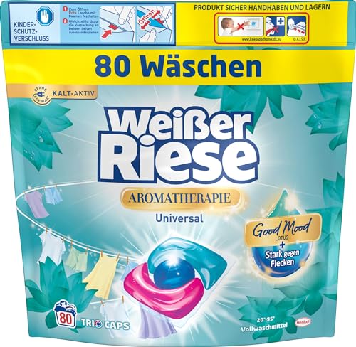 Weißer Riese Universal Trio-Caps Aromatherapie Lotus (80 Waschladungen), Waschmittel mit Good Mood-Duft für unwiderstehlich duftende & strahlend saubere Wäsche, 100% recycelbar
