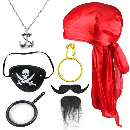 Beelittle Kids Pirate Costume Accessories Durag Long-Tail Pirate CapÂ Pirate Eye Patch Children Pirate Captain Dress Up Set for Halloween and Pirate Party (Red)