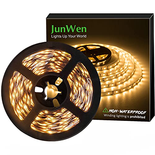 JUNWEN Flexible LED Strip Lights, Warm White,16.4ft 300LEDS 2835 LED Ribbon, String Light, 12V Tape Lights, Non Waterproof, Under Cabinet Children's Rooms Hallway Staircase Corridor Collectable