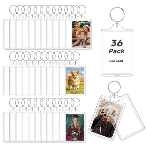 ZYFLSQ 36 Pcs Photo Keychain Acrylic Picture Keychain Holder for Insert 2 x 3 Inch Photo Personalised Keychains Photo Frame for Fathers Day Blank Clear Keychains for DIY Craft Xmas Graduation Gift