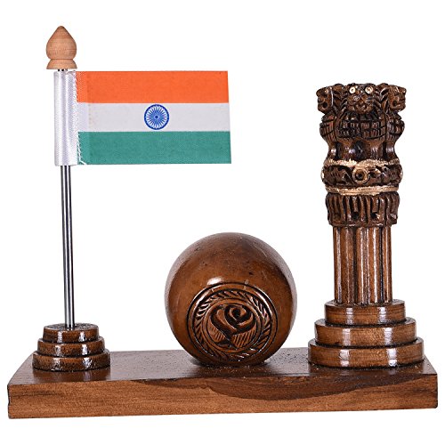 Image of Craft Trade Round Wooden Table Clock with Ashok Stambha Pillar and National Flag