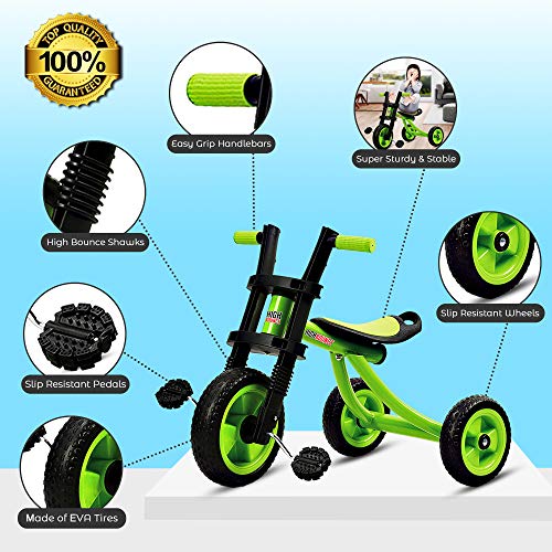 High Bounce Kids Tricycle - Extra Tall 3 Wheel Kids Trike, for Toddlers and Kids Ages 3-6 Adjustable Seat Tricycles, Soft Rubber Handle (Green)