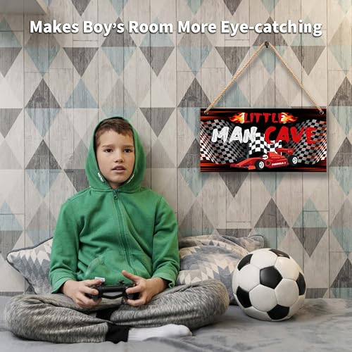 Image of Little Man Cave Sign for Boys Car Room Wall Decor | Wooden Door Sign Decorations for Men Teenager Bedroom Nursery Playroom - 6 inchx12 inch -A04