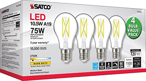 Image of Satco S12436 A19 LED 4-Bulb Value Pack, 75W Replacement, 2700K, Clear, Pack of 4