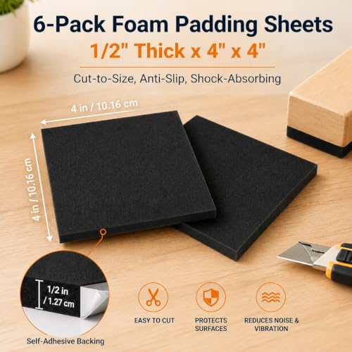 Image of Foam Padding Sheets - 1 /2 inch Thick Self Stick Neoprene Insulation Foam, 4 inch L x 4 inch W x 1 /2 inch H, 6 Pack (6, 4in X 4in X 1 /2in)
