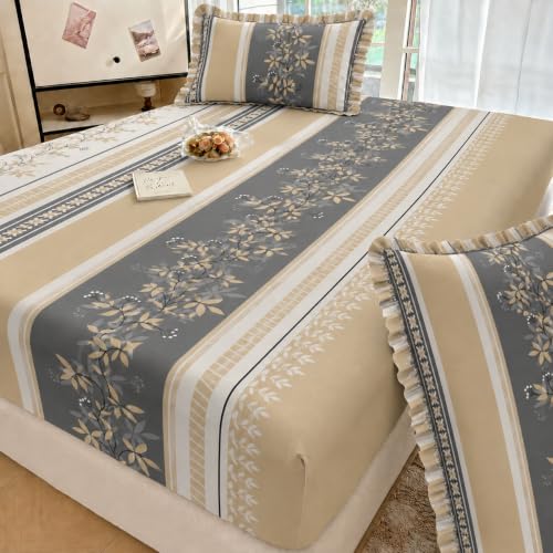 Image of VOMZER King Size (72x78) 300 TC Soft Cotton Feel Microfiber All Around Elastic Fitted Double Bedsheet with 2 Frill Pillow Covers | Grey Vine