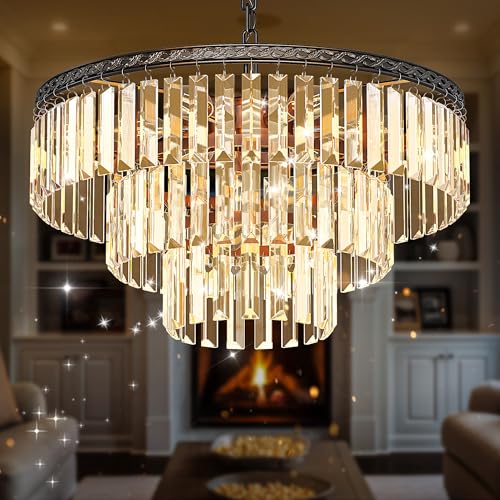 DWVO Black Crystal Ceiling Light Pendant Light 20in, 9-Light Round 3-Tier Adjustable Hight Modern Luxury Crystal Chandeliers for Living Room Entryway Bedroom Dining Room - E12 Base
