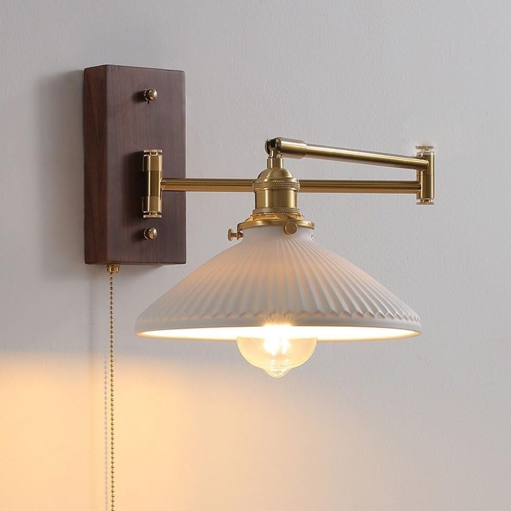 Applique da Parete per Interni Vintage in Ottone con Braccio Orientabile Regolabili in Legno E Ceramica Stile Industriale per Comodino Camera da Letto E Porta