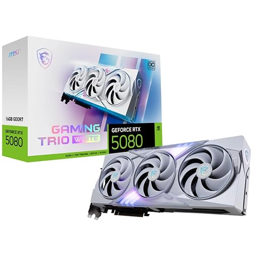 MSI GeForce RTX 5080 16G GAMING TRIO OC WHITE Graphics Card - RTX 5080 GPU, 16GB GDDR7 (30Gbps/256-bit), PCIe 5.0 - TRI FROZR 4 (3 x STORMFORCE Fan), Gaming & Silent mode - HDMI 2.1b, DisplayPort 2.1b - RTX 5080 16G GAMING TRIO OC BLANCHE