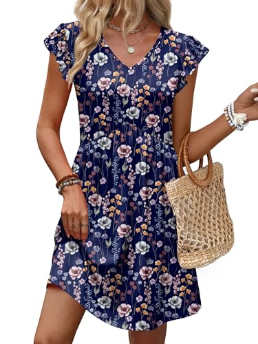 Image of OFEEFAN Summer Dresses for Women Beach Vacation Clothes V Neck Ruffle Sleeve Babydoll Dress Elegant Classy Sundress