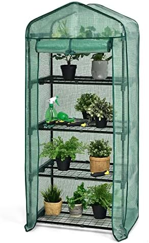GOPLUS Gewächshaus klein mit 4 Ablagen, Foliengewächshaus Winterfest