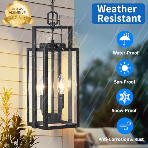 MYHXQ 17.8'' Large Dusk to Dawn Outdoor Pendant Light 2-Light, Modern Black Metal Outside Chandelier Exterior Hanging Fixture Ceiling Mount with Clear Glass for Front Porch Entrance Entryway, 1 Pack by MYHXQ - Used condition - Image 3