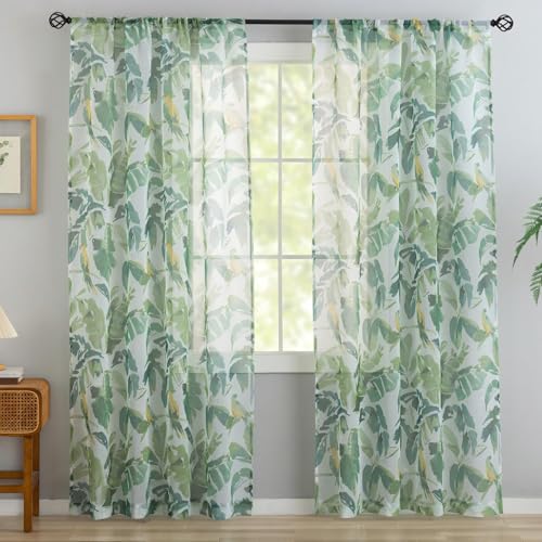Conkov Green Sheer Curtains 96 Inches Long,Tropical Leaf and Bird Patterned Farmhouse Curtains for Living Room,Light Soften Botanical Decor for Bedroom Dining Room Rod Pocket,50" W x 96" L,Set of 2