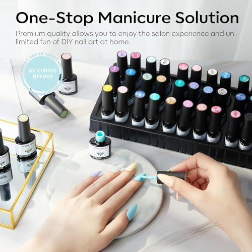 Image of modelones 32 PCS Spring Gel Nail Polish Set, 28 Colors Pastel Gel Polish with No Wipe Base Coat, Glitter & Glossy & Matte Top Coat Maracon Colors Soak Off LED Nail Art Kit