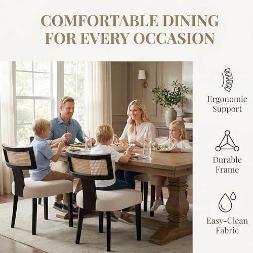 Image of HNY Mid Century Modern Rattan Dining Chairs Set of 4, Farmhouse Linen Upholstered Accent Chair Curved Backrest Kitchen Chairs, with Black Hardwood Frame, Beige