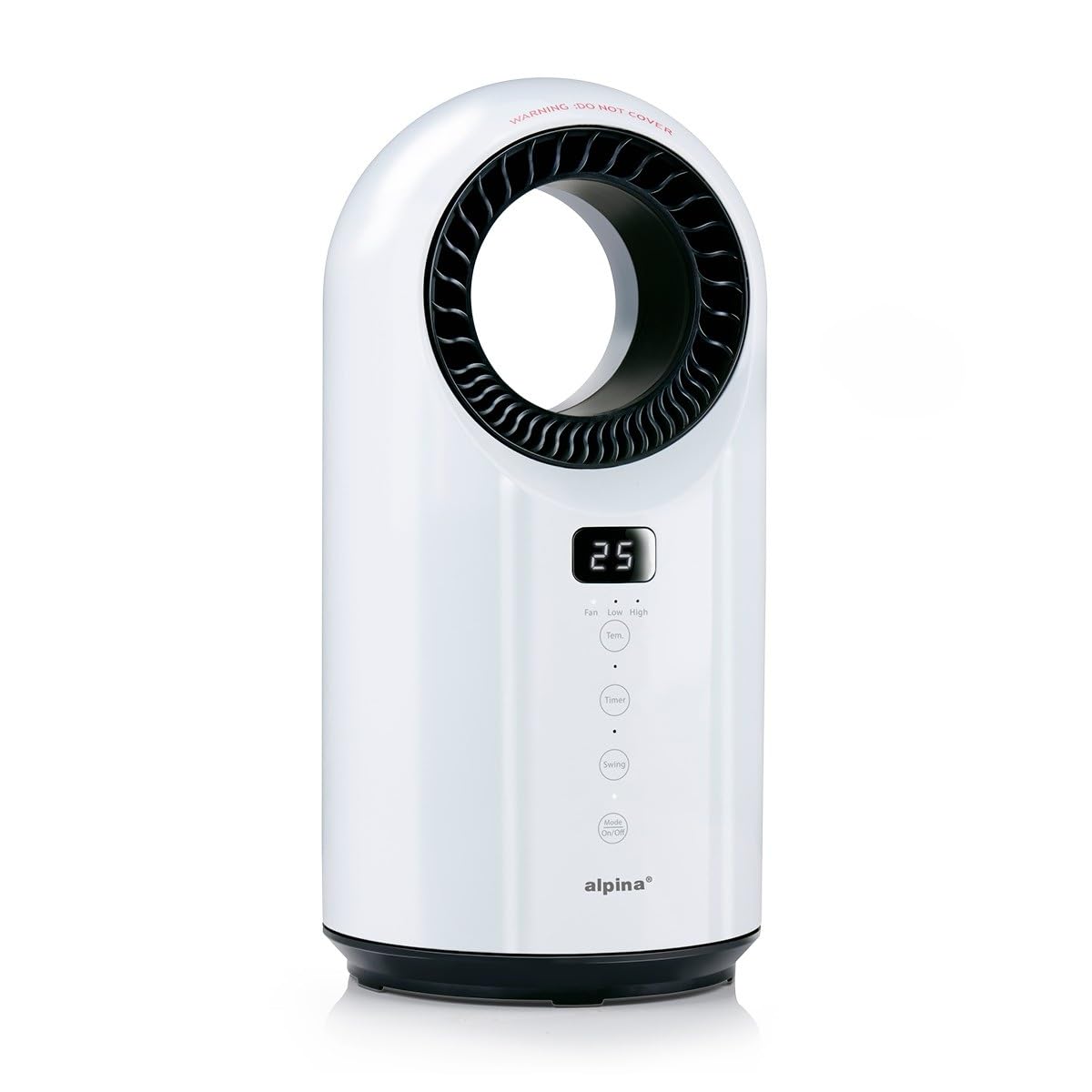 Dimensions of the alpina bladeless heater, showing a height of 37 cm and a width of 18 cm.