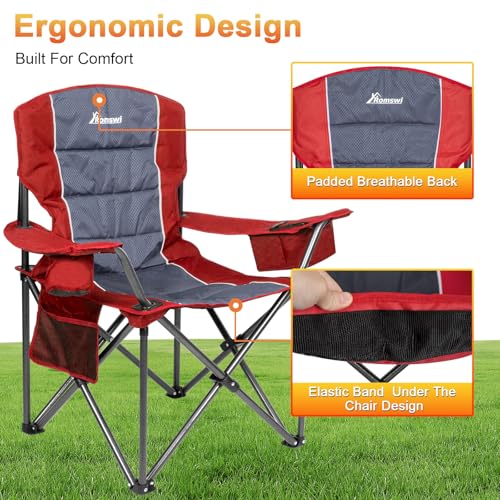 Image of Romswi Oversized Camping Chairs,Heavy Duty Support 500 LBS,Padded Back & Arm Sport Chairs, Cup Holder Cooler Bag, Collapsible Folding Chairs for Outdoor, Fishing & Garden, Red,2-Pack