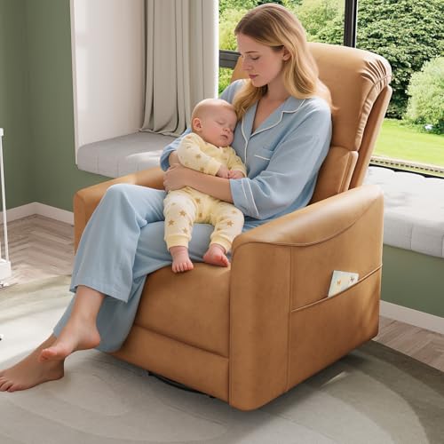 Welzona Power Swivel Rocker Recliner, 360° Swivel Nursery Rocking Chair, PU Leather Glider Rocking Recliner, Infinite Position Electric Chair for Adults with USB Port for Living Room, Amber Yellow