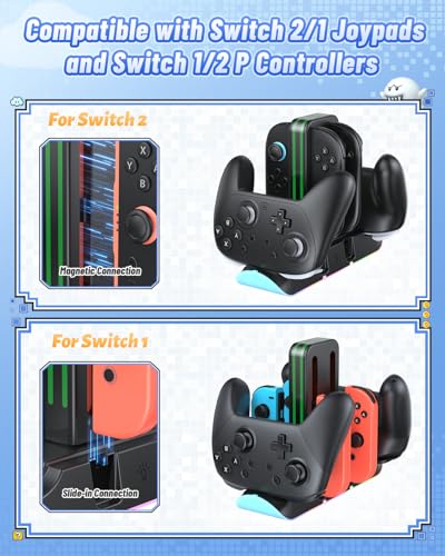 Image of FASTSNAIL Charging Dock Compatible with Switch 2 /1 for Joycon, Charging Stand for Switch 1 /2 P Controller with 9 RGB Lighting, Magnetic Charging Storage Station with Charging Indicator and USB Cable
