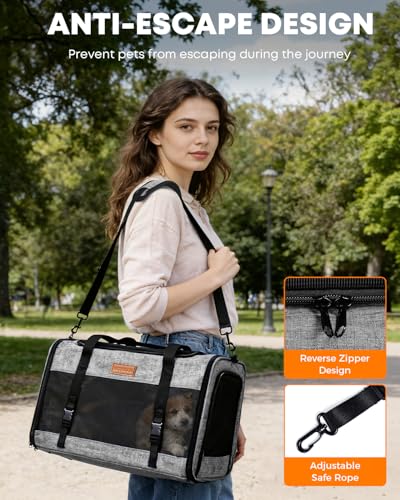 Large Cat Dog Carrier for Pet Up to 20 Lb - 20×13×13 in, Top & Side Entry, Foldable, Soft-Sided Pet Carrier with Ventilated Anti-Scratch Mesh & Car Seat Buckle for Car, Travel and Vet – Grey - Image 6