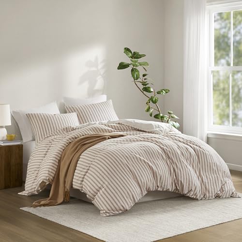 Image of Madison Park Linen Cotton Rayon Blend Duvet Cover Set, 3PC King | Striped Design, Lightweight & Breathable Bedding with Shams, Terracotta