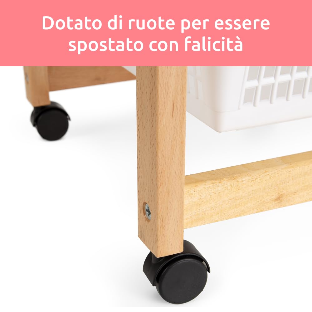 Compactor Carrello con Ruote Portatutto in Faggio con Cesti in Plastica – Carrello Cucina Mobile Salvaspazio 30x44x88 cm