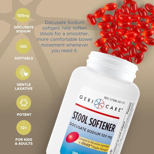Image of GeriCare Docusate Sodium Stool Softener - 100mg Gentle Stimulant Laxative Softgels for Men & Women- Constipation Relief - Adults Daily Bowel Movement Laxative (Pack of 2)