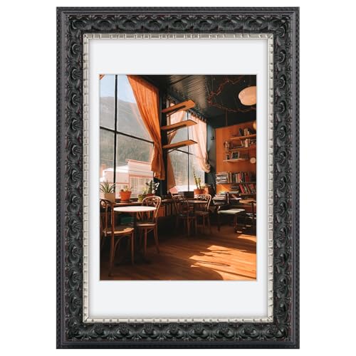 Image of Golden State Art, 8X12 Ornate Finish Photo Frame With White Mat for 7X9 Picture & Real Glass, Color: Black With Silver & Burgundy