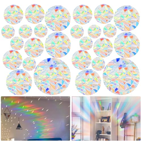 simarro 26 Stück Prisma Fensteraufkleber für Vogelschläge Suncatcher Sticker Kreisförmig Sonnenfänger Vogelschutz Regenbogen Fensterfolie Aufkleber für Glasscheiben Türfenster Schlafzimmer