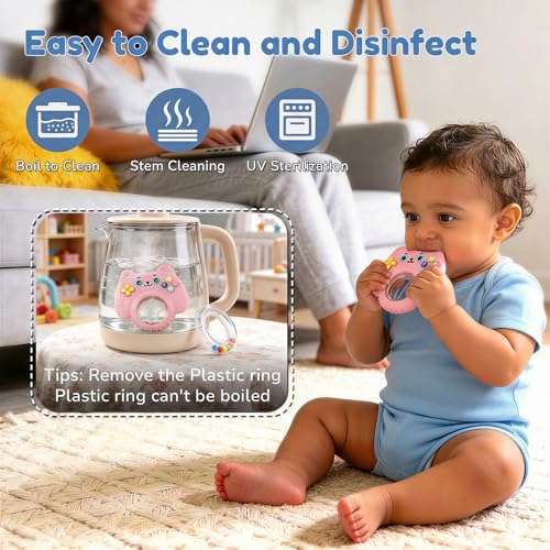Image of Baby Teether Toy Silicone Cat Teething Ring -Game Controller, Baby Rattle Toy Chew Sensory Toys for Babies Over 3 Months, Teething Relief for Newborn Infant Essentials 0-6 6-12 Months, BPA Free -Pink