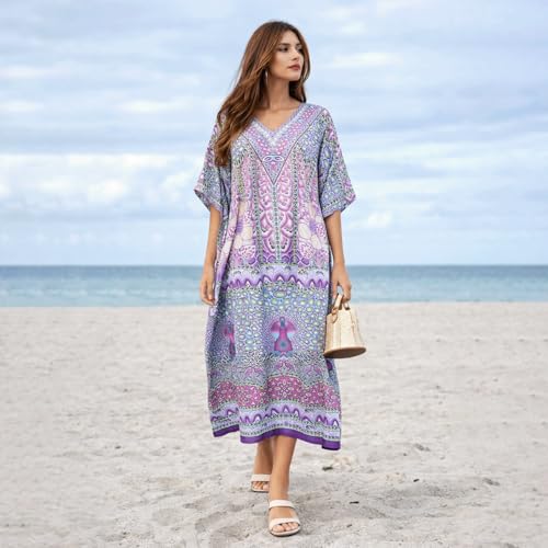 Image of Miss Lavish London Purple Ethnic Print Kaftan Dresses for Women V Neck Batwing Sleeve Beach Vacation Bikini Swimsuit Cover,Plus Size African&Dubai Caftan Maxi Beach Dress with Side Slits-Purple-2XL