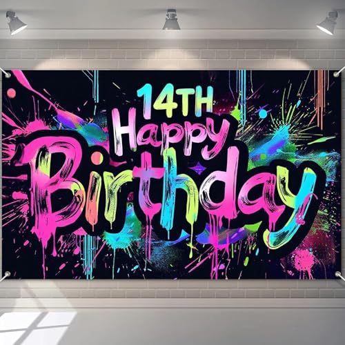 Image of HOMETITUTE Glow in The Dark 14th Birthday Banner 71x43 Inch Colorful Paint Splatter Backdrop for Teen Boys Girls Fourteenth Party Decorations Neon Wall Decor Celebration Photo Booth Props Supplies