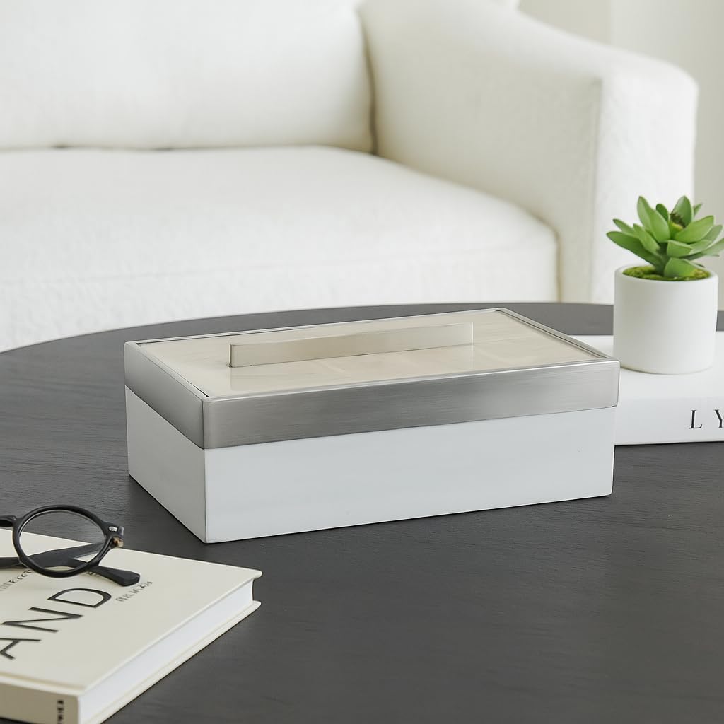 Decorative Box with Lid for Home Decor – Chic Storage Box Accent for Keepsakes and Accessories – Long Jewelry Box and Home Organizer for Dresser, Office Desk, or Coffee Table – 7" White & Silver