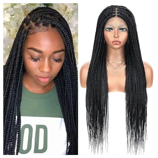 Alebery 36" Full Lace Knotless Box Braided Wigs for Black Women Knotless Box Braids Lace Front Wig with Baby Hair Lightweight Synthetic Lace Frontal Black Cornrow Twisted Braided Wigs (1B)