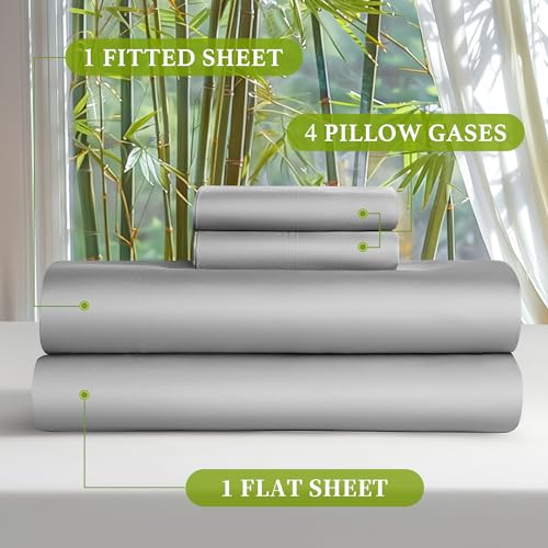 Shilucheng 100% Viscose Derived from Bamboo_ Sheets Queen Size 6pcs - Ultra Cooling & Silky Soft Bed Sheets, 16" Deep Pocket, Perfect for Hot Sleepers, Hotel Bedding Sheets (Grey)