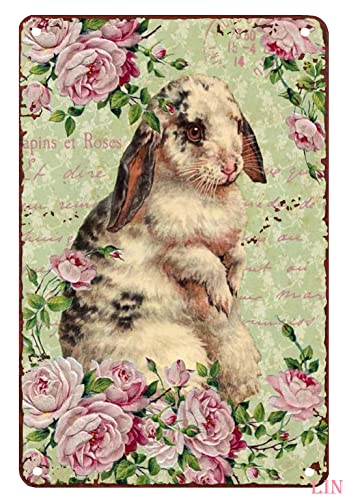 Rustic Metal Decor Vintage and Pink Floral Bunny Easter Wreath Sign Tin Signs Vintage Funny Signs Unique Home Decorations Cute Wall Decor Metal Poster for Bedroom Office Kitchen 8×12 inch