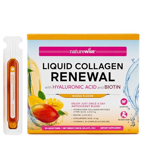 NatureWise Hydrolyzed Liquid Collagen for Women & Men 4000mg - No Added Sugar - Multi Collagen Peptides + Biotin + Vitamin C + Vitamin B Complex & Hyaluronic Acid - Mango - 30 Tubes[30 Day Supply]