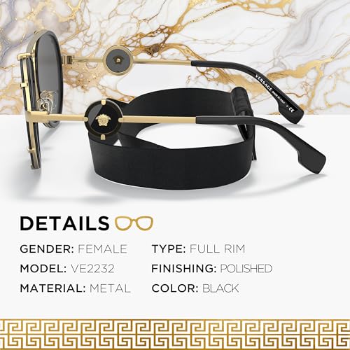 Versace VE2232 61mm Non-Polarized Aviator Sunglasses for Women – Black Metal Frame with Gold Temples, 100% UV Protection, Lightweight & Comfortable Sunglasses, eShades Eyewear Kit Included2