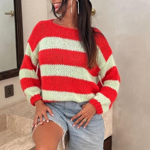 Image of Women Y2K Striped Sweater 90s Vintage Aesthetic Long Sleeve V-Neck Knit Pullover Jumper Loose Fall Sweatshirt
